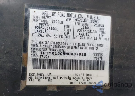 1998 Ford Ranger Splash/Xl/Xlt z USA, uszkodzony, nr VIN 1FTYR10C5WUA07018